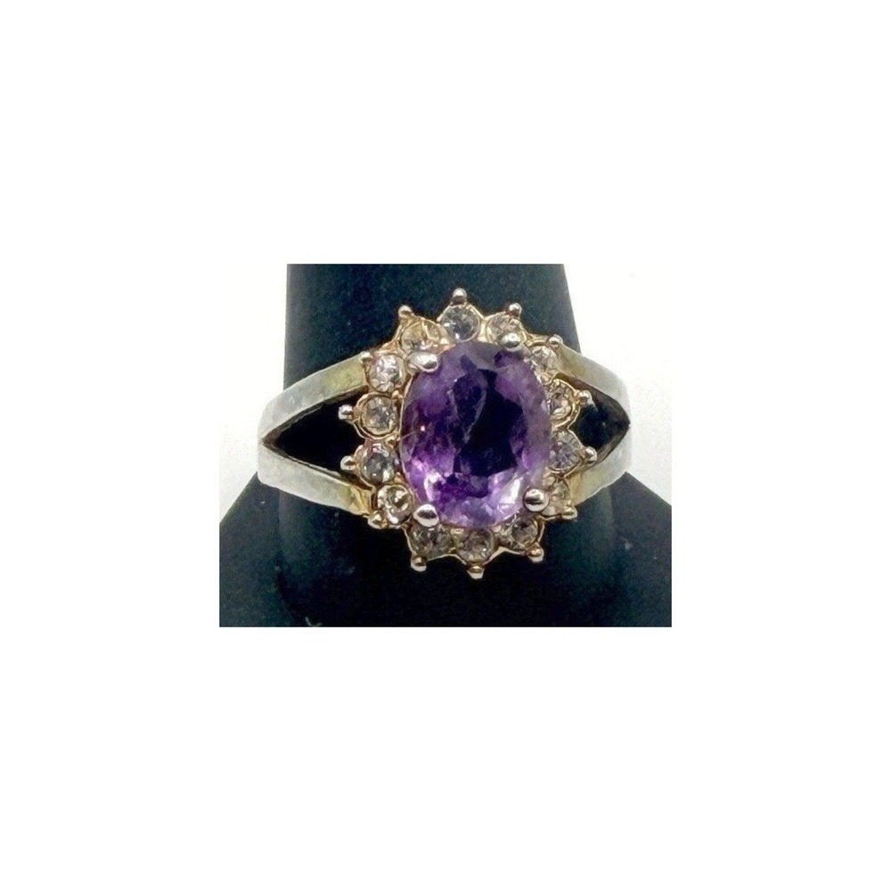 Size 11.75 Amethyst Statement Ring Gold Tone Sparkly Tested Quartz